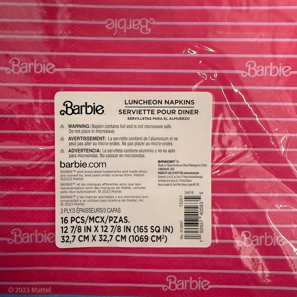Hot Pink Striped Barbie 3 Ply Napkins 15 Sets of 16 in Each Set